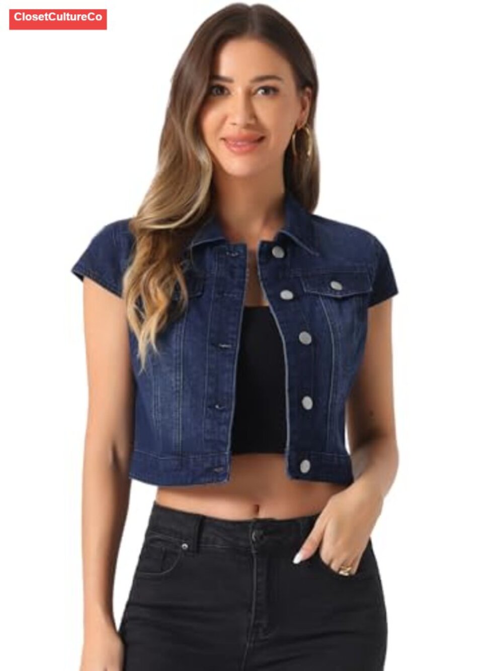 Womens Cropped Denim Jacket Cap Sleeve Single-Breasted Summer Jean Top